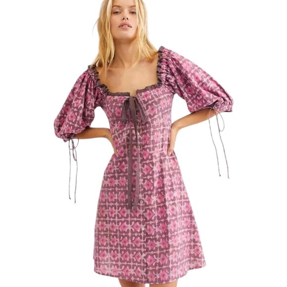 Free People Kinga Csella Floral Puff Sleeve Lace Detail Tie Front Boho Dress 6 - Picture 1 of 12